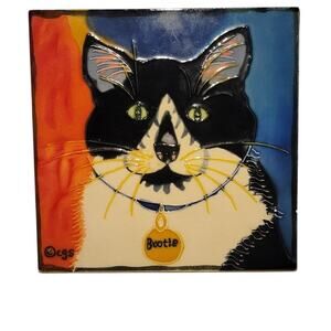 Bootie Cat Tile Wall Art Coaster Trivet Signed C.‎ Sanchez Hand-Painted